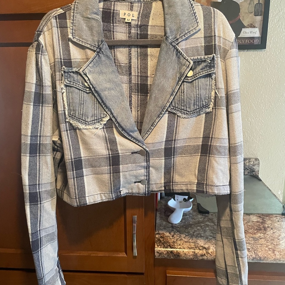 POL Blue and Gray Plaid Jacket